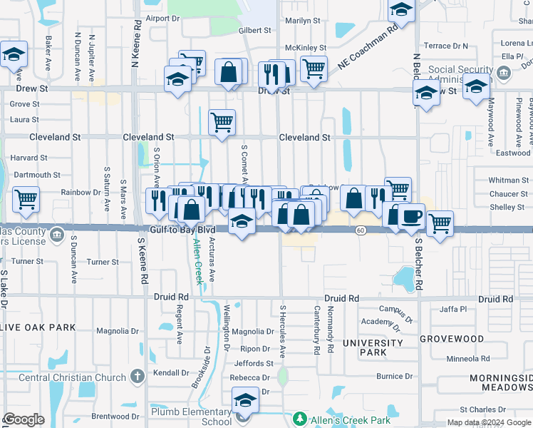 map of restaurants, bars, coffee shops, grocery stores, and more near 407 South Aurora Avenue in Clearwater