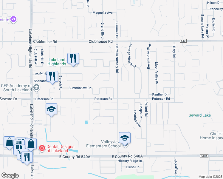 map of restaurants, bars, coffee shops, grocery stores, and more near 2761 Summitview Drive in Lakeland