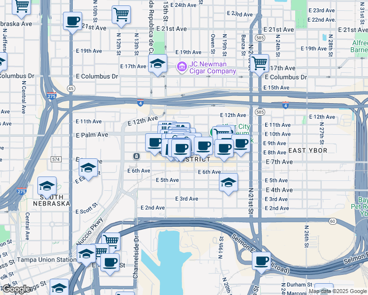 map of restaurants, bars, coffee shops, grocery stores, and more near 1600 East 7th Avenue in Tampa