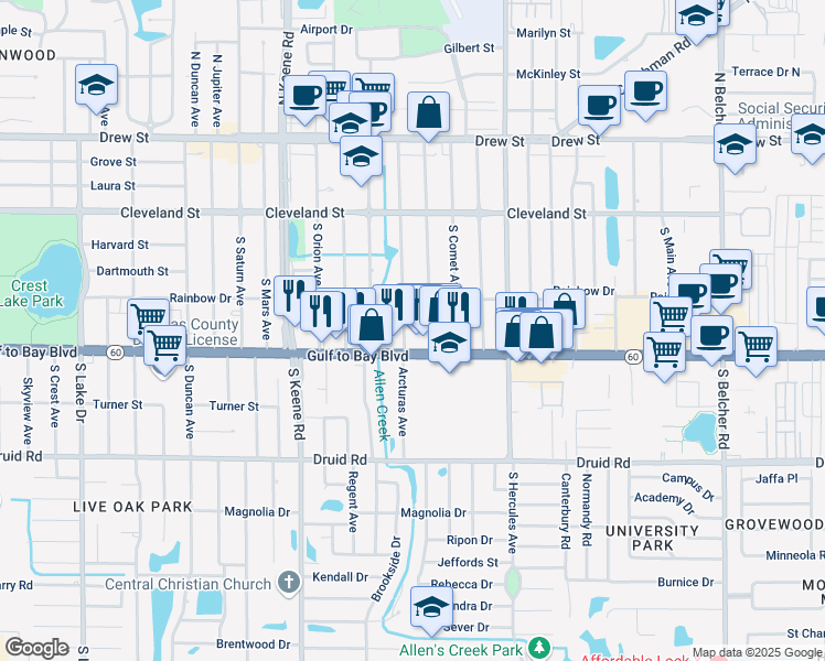 map of restaurants, bars, coffee shops, grocery stores, and more near 400 South Meteor Avenue in Clearwater