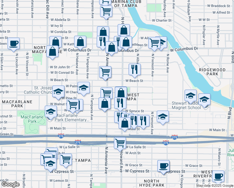 map of restaurants, bars, coffee shops, grocery stores, and more near 2314 West Cherry Street in Tampa
