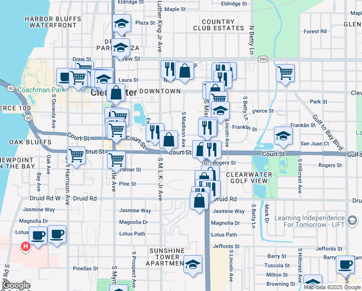 map of restaurants, bars, coffee shops, grocery stores, and more near 422 South Madison Avenue in Clearwater