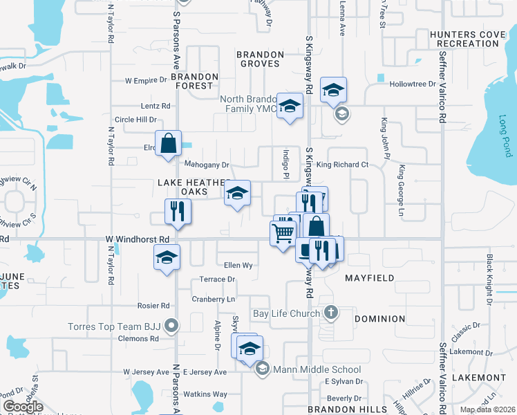 map of restaurants, bars, coffee shops, grocery stores, and more near 1306 Vinemont Drive in Brandon
