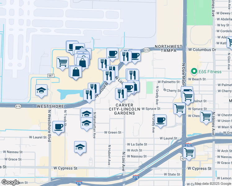 map of restaurants, bars, coffee shops, grocery stores, and more near 4332 West Boy Scout Boulevard in Tampa