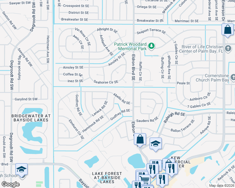 map of restaurants, bars, coffee shops, grocery stores, and more near 1432 Drucker Court Southeast in Palm Bay