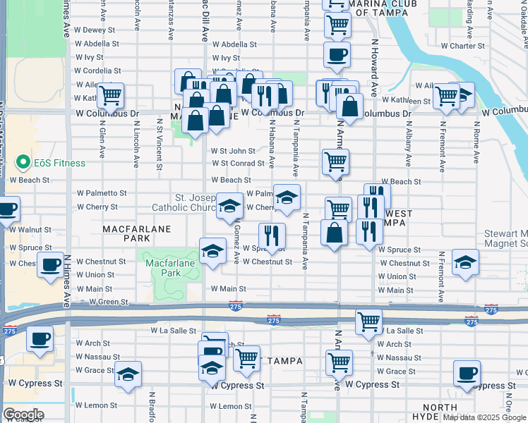 map of restaurants, bars, coffee shops, grocery stores, and more near 2906 West Cherry Street in Tampa