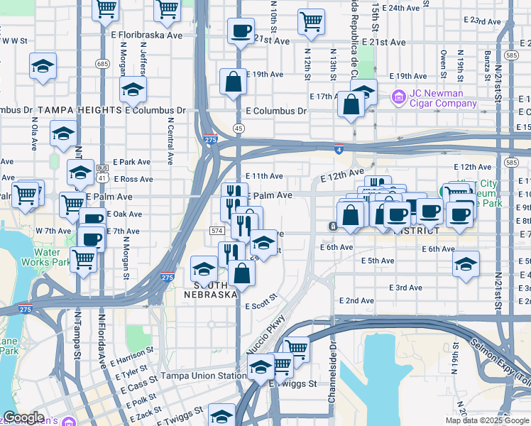 map of restaurants, bars, coffee shops, grocery stores, and more near 1001 East Palm Avenue in Tampa