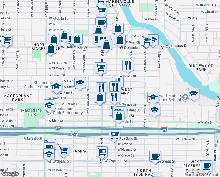 map of restaurants, bars, coffee shops, grocery stores, and more near 2314 West Cherry Street in Tampa