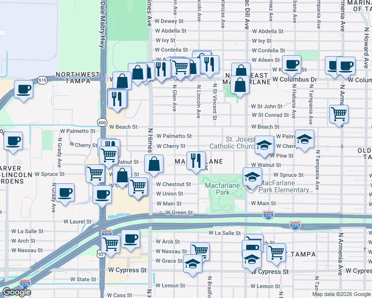 map of restaurants, bars, coffee shops, grocery stores, and more near 3310 West Cherry Street in Tampa