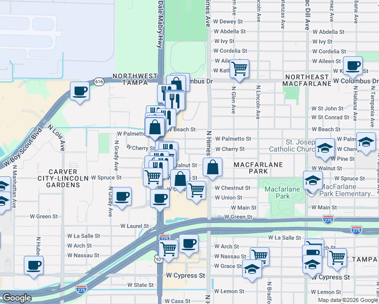 map of restaurants, bars, coffee shops, grocery stores, and more near 3628 West Cherry Street in Tampa