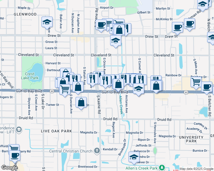 map of restaurants, bars, coffee shops, grocery stores, and more near 402 South Pegasus Avenue in Clearwater