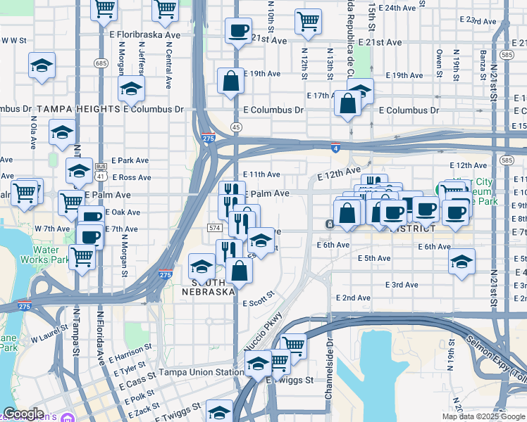 map of restaurants, bars, coffee shops, grocery stores, and more near 1001 East Palm Avenue in Tampa