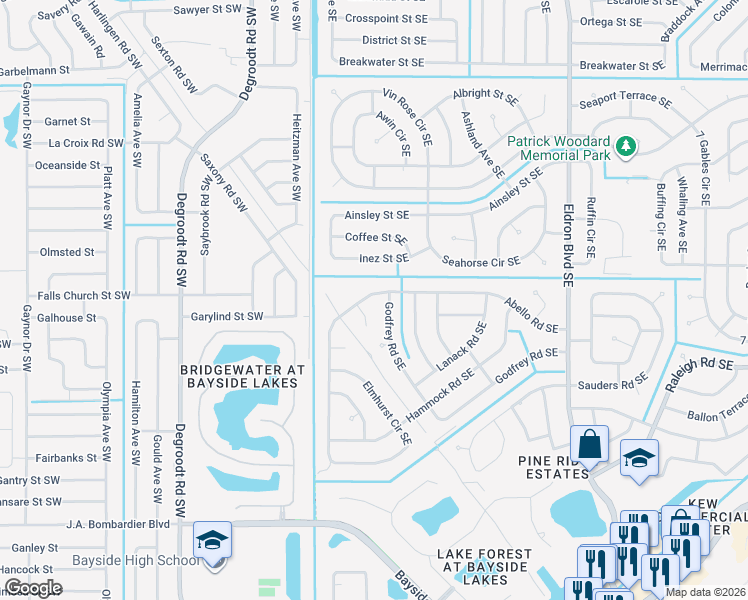 map of restaurants, bars, coffee shops, grocery stores, and more near 265 Abello Road Southeast in Palm Bay