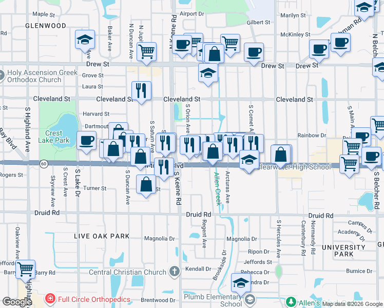 map of restaurants, bars, coffee shops, grocery stores, and more near 402 South Pegasus Avenue in Clearwater
