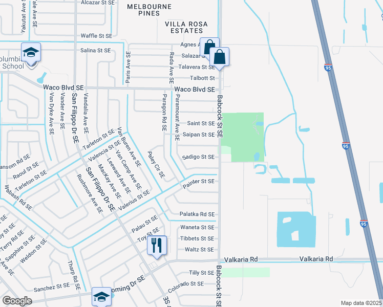 map of restaurants, bars, coffee shops, grocery stores, and more near 1631 Sadigo Street Southeast in Palm Bay