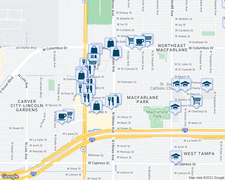 map of restaurants, bars, coffee shops, grocery stores, and more near 3602 West Cherry Street in Tampa