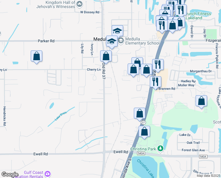map of restaurants, bars, coffee shops, grocery stores, and more near 5752 Loop Road in Lakeland