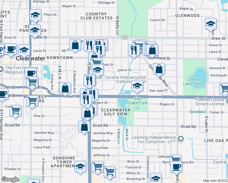 map of restaurants, bars, coffee shops, grocery stores, and more near 1295 Santa Rosa Street in Clearwater