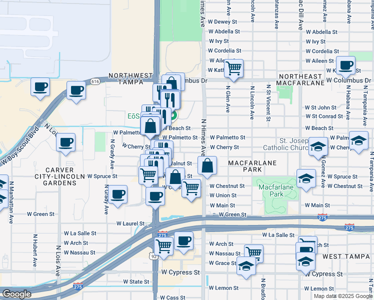 map of restaurants, bars, coffee shops, grocery stores, and more near 3628 West Cherry Street in Tampa