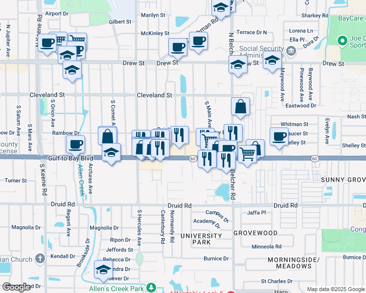 map of restaurants, bars, coffee shops, grocery stores, and more near 2081 Cornell Street in Clearwater
