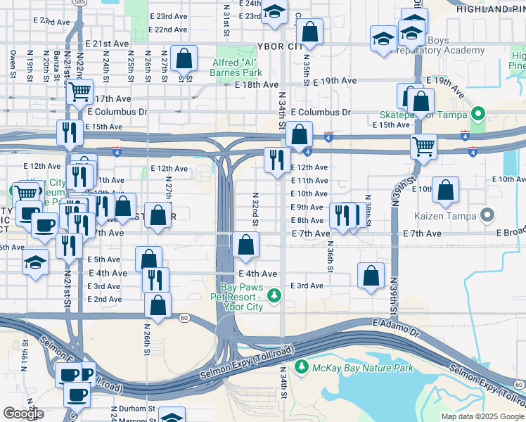 map of restaurants, bars, coffee shops, grocery stores, and more near 3205 East 9th Avenue in Tampa
