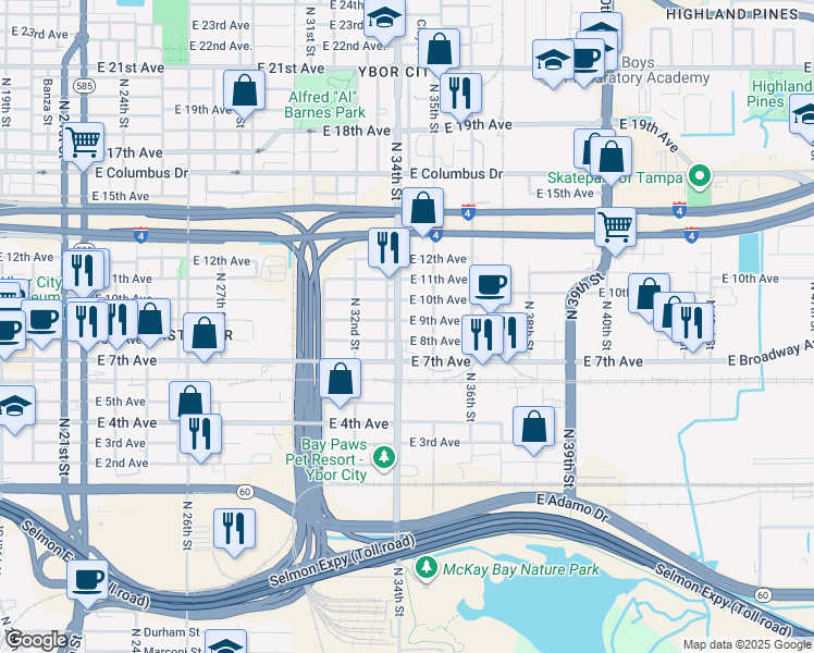map of restaurants, bars, coffee shops, grocery stores, and more near 3403 East 9th Avenue in Tampa