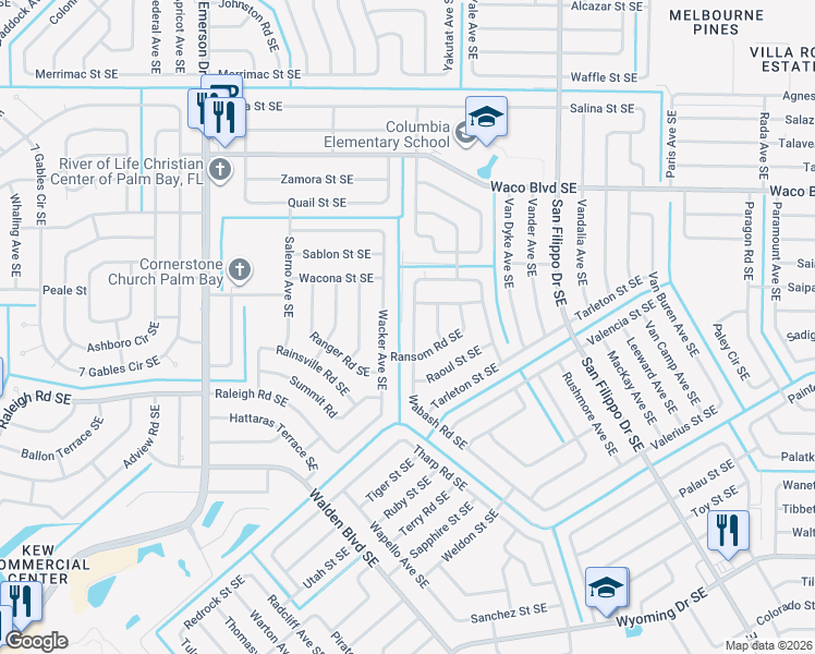 map of restaurants, bars, coffee shops, grocery stores, and more near 1061 Wabash Road Southeast in Palm Bay