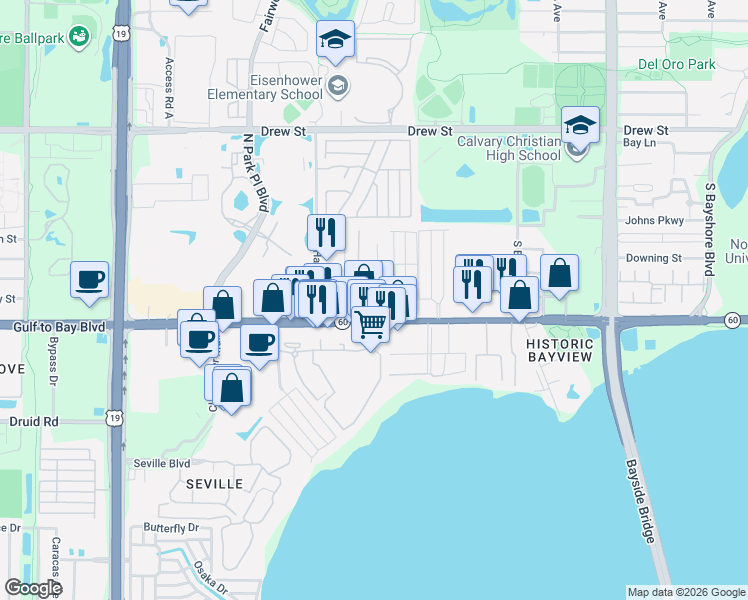 map of restaurants, bars, coffee shops, grocery stores, and more near 400 Elizabeth Avenue in Clearwater