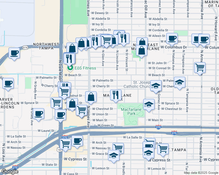 map of restaurants, bars, coffee shops, grocery stores, and more near 3310 West Cherry Street in Tampa