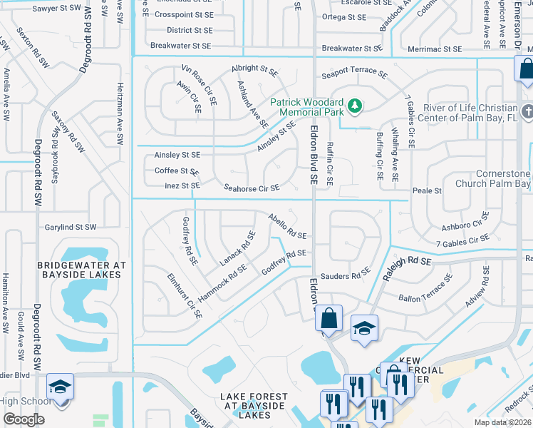 map of restaurants, bars, coffee shops, grocery stores, and more near 426 Abello Road Southeast in Palm Bay