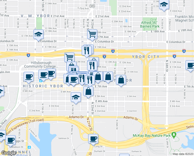 map of restaurants, bars, coffee shops, grocery stores, and more near 2217 East 9th Avenue in Tampa