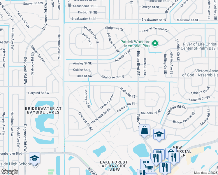 map of restaurants, bars, coffee shops, grocery stores, and more near 384 Abello Road Southeast in Palm Bay