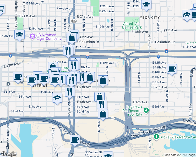 map of restaurants, bars, coffee shops, grocery stores, and more near 1905 North 25th Street in Tampa