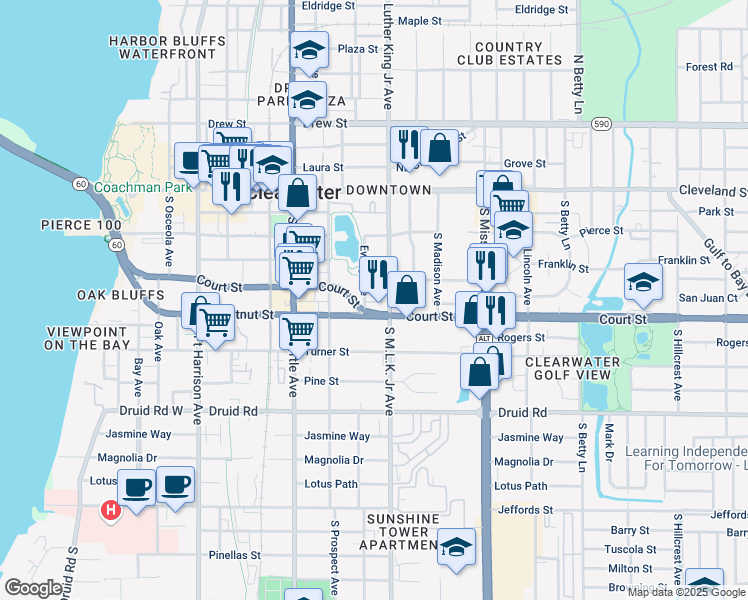 map of restaurants, bars, coffee shops, grocery stores, and more near 1008 Ewing Place in Clearwater