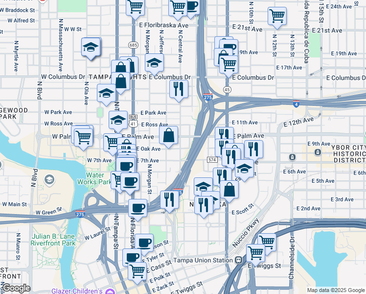 map of restaurants, bars, coffee shops, grocery stores, and more near 1901 North Central Avenue in Tampa