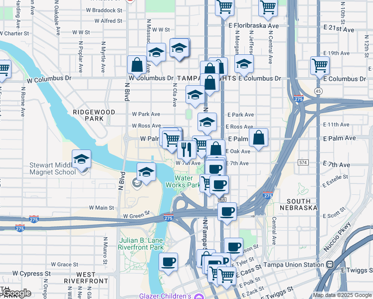 map of restaurants, bars, coffee shops, grocery stores, and more near 2002 North Highland Avenue in Tampa