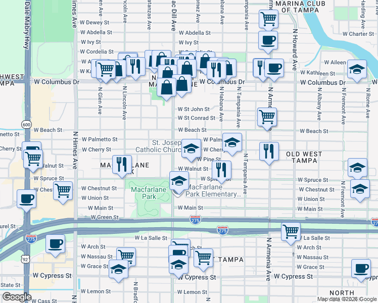 map of restaurants, bars, coffee shops, grocery stores, and more near 3012 West Cherry Street in Tampa