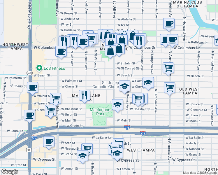 map of restaurants, bars, coffee shops, grocery stores, and more near 3113 West Pine Street in Tampa