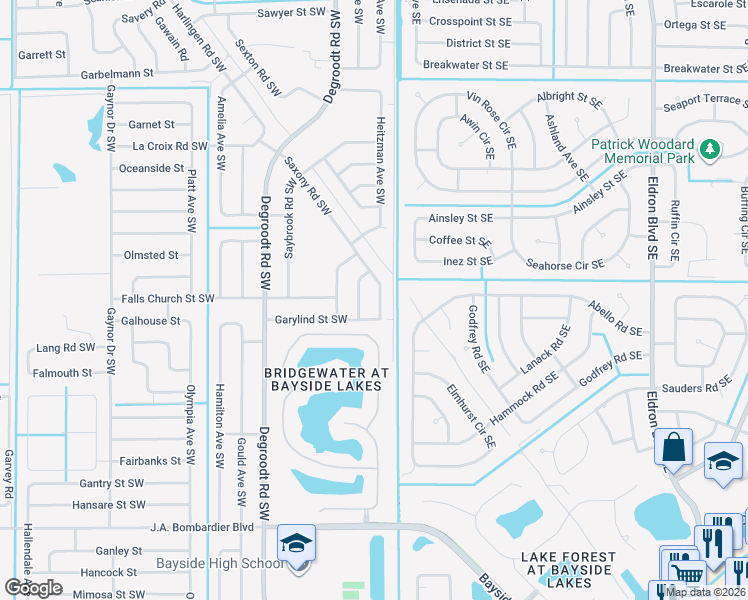 map of restaurants, bars, coffee shops, grocery stores, and more near 1484 Saxony Road Southwest in Palm Bay