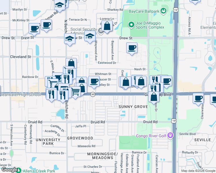 map of restaurants, bars, coffee shops, grocery stores, and more near 2353 Shelley Street in Clearwater