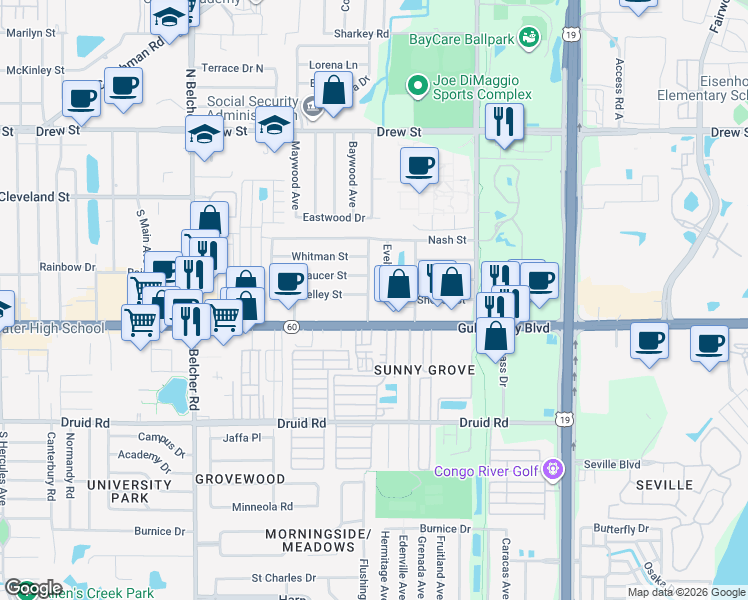 map of restaurants, bars, coffee shops, grocery stores, and more near 401 South Fernwood Avenue in Clearwater