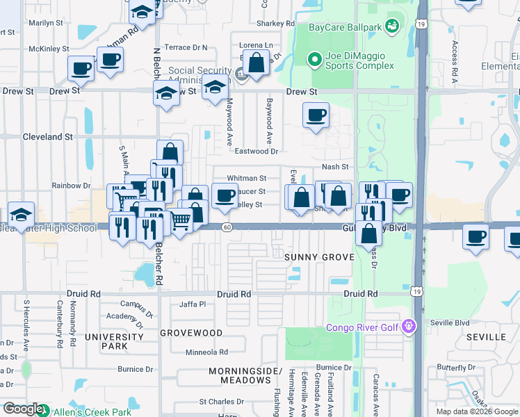 map of restaurants, bars, coffee shops, grocery stores, and more near 19 Shelley Street in Clearwater