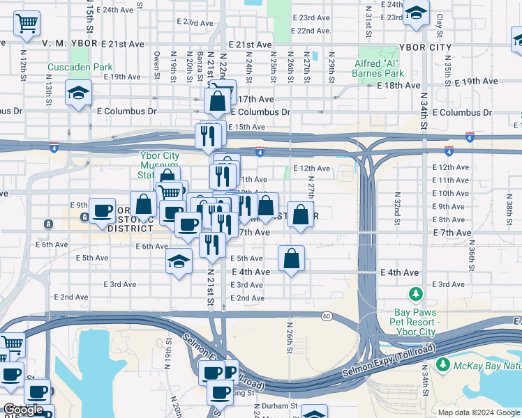 map of restaurants, bars, coffee shops, grocery stores, and more near 2315 East 9th Avenue in Tampa