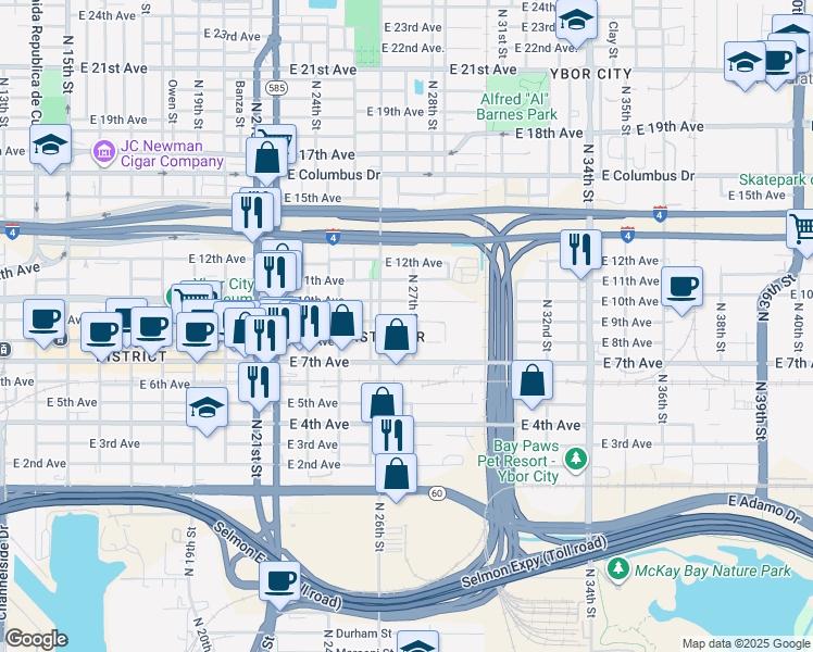 map of restaurants, bars, coffee shops, grocery stores, and more near 2615 East 9th Avenue in Tampa