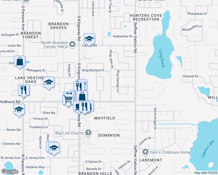map of restaurants, bars, coffee shops, grocery stores, and more near 3501 King Richard Court in Seffner