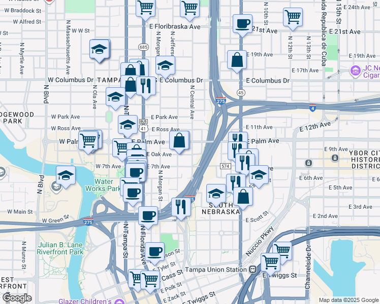 map of restaurants, bars, coffee shops, grocery stores, and more near 1901 North Central Avenue in Tampa