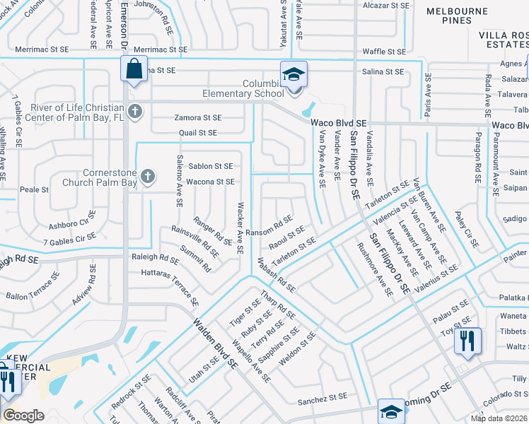 map of restaurants, bars, coffee shops, grocery stores, and more near 1061 Wabash Road Southeast in Palm Bay