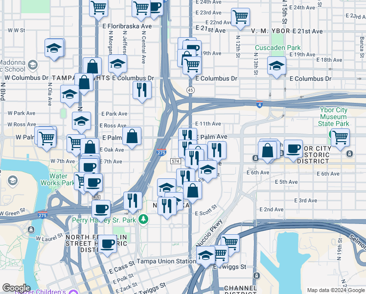 map of restaurants, bars, coffee shops, grocery stores, and more near 1901 North Mitchell Avenue in Tampa