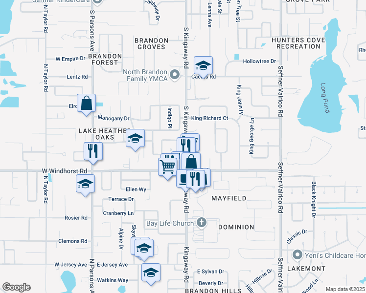 map of restaurants, bars, coffee shops, grocery stores, and more near 536 Avocado Circle in Brandon
