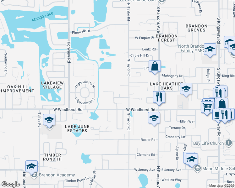 map of restaurants, bars, coffee shops, grocery stores, and more near 1403 Shadow Creek Place in Brandon